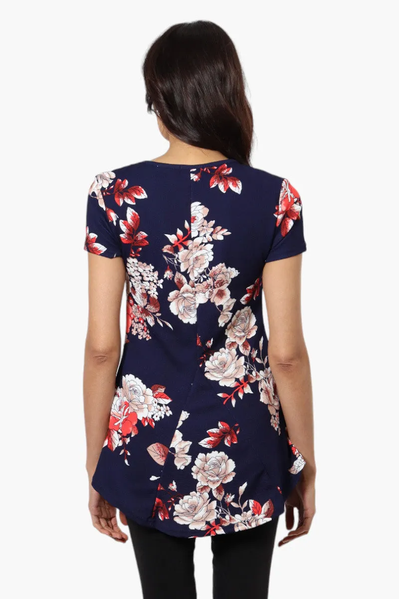 Impress Floral High Low Cap Sleeve Blouse - Navy