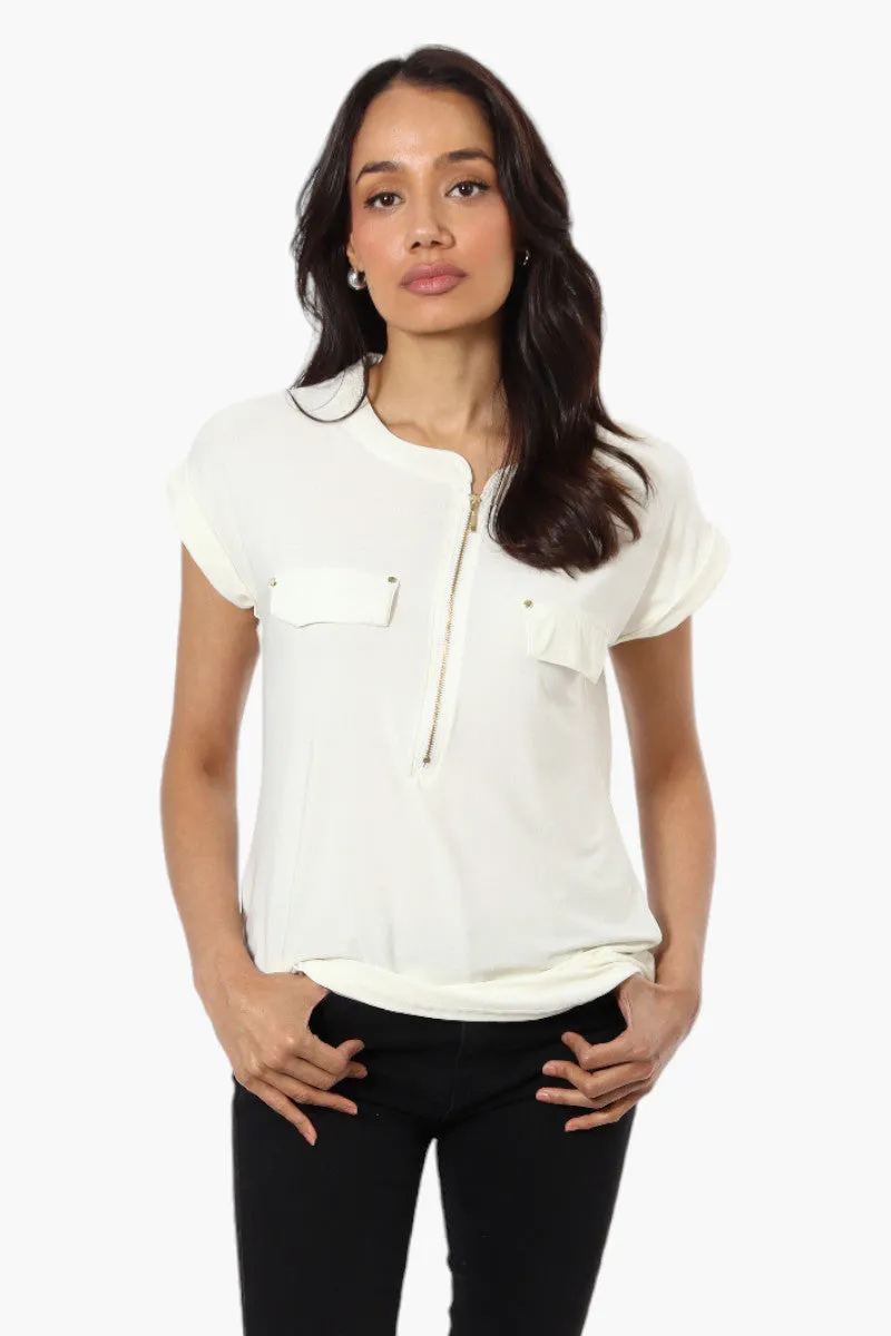 International INC Company Front Zip Cap Sleeve Blouse - White