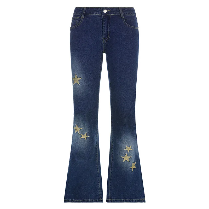 Julia Fox Low Rise Trousers Fashionable Embroidered Jeans Blue