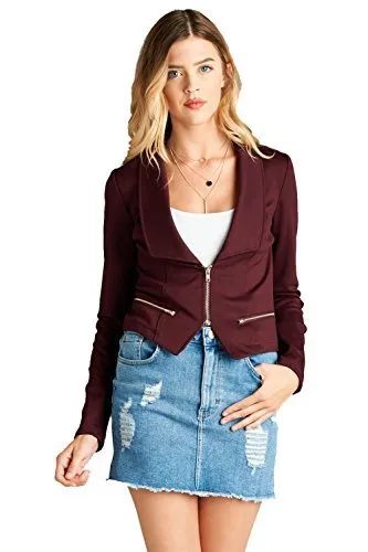 Khanomak Long Sleeve Zip Up Front Deep V Basic Collar Blazer Jacket