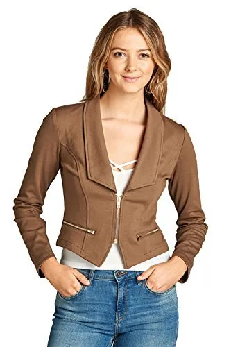 Khanomak Long Sleeve Zip Up Front Deep V Basic Collar Blazer Jacket