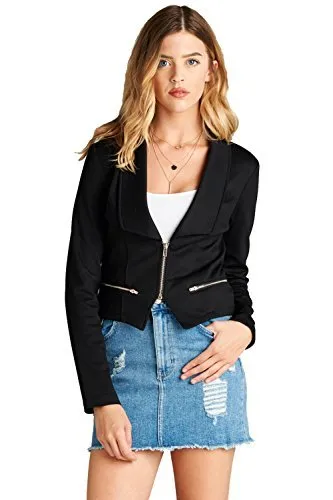 Khanomak Long Sleeve Zip Up Front Deep V Basic Collar Blazer Jacket