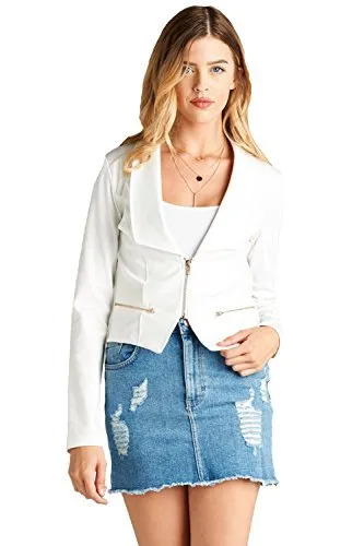 Khanomak Long Sleeve Zip Up Front Deep V Basic Collar Blazer Jacket