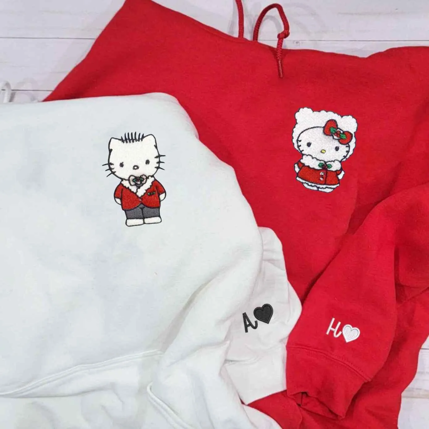 Kitten Christmas Couples Hoodies - Custom Embroidered Matching Couple Hoodies