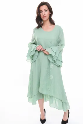 Lace Insert Oversized Flowing Ruffle Sleeve Dress