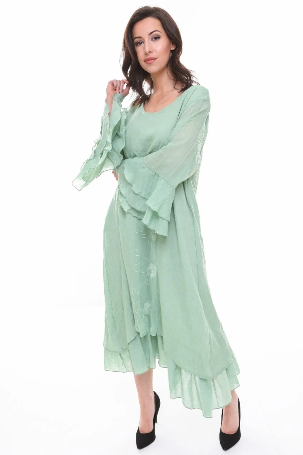 Lace Insert Oversized Flowing Ruffle Sleeve Dress