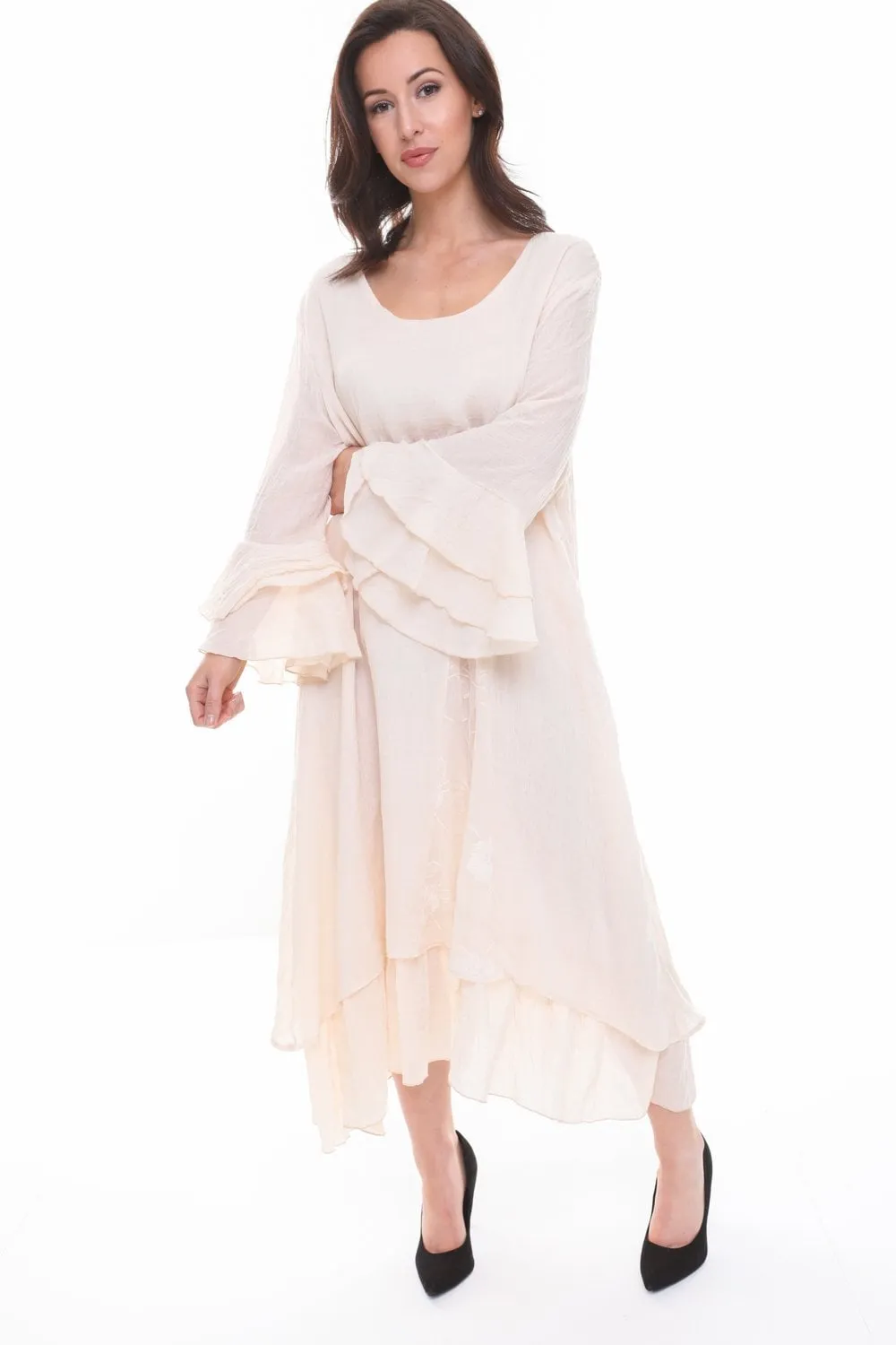 Lace Insert Oversized Flowing Ruffle Sleeve Dress