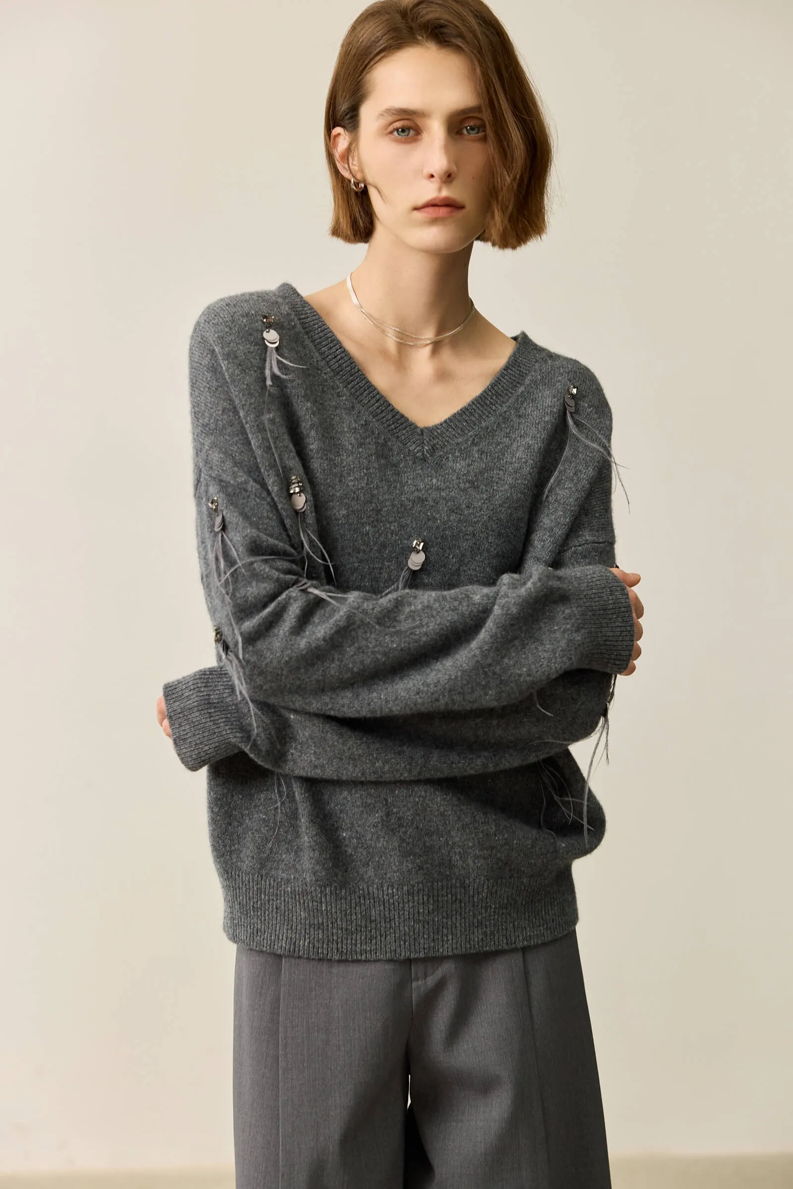 LILY Grey-Tone Wool V-Neck Sweater