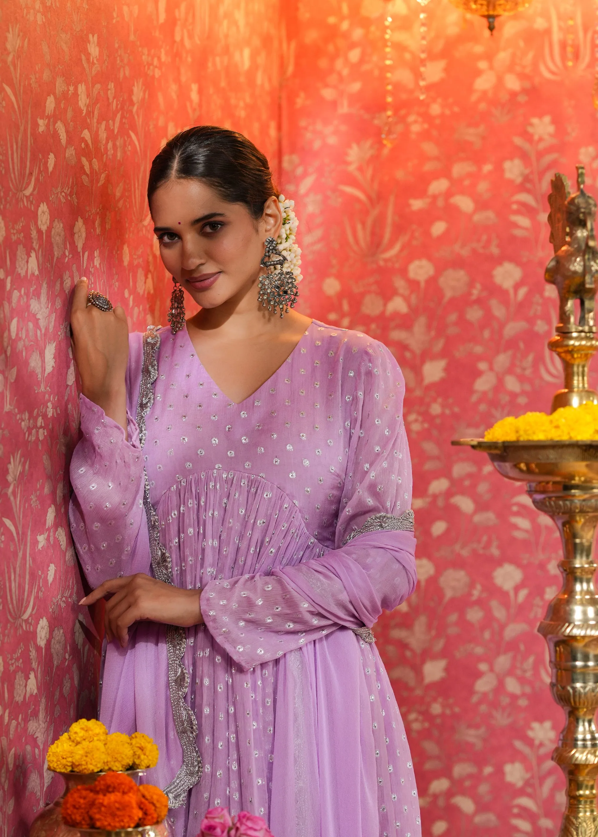 Mahira Lavender Lurex Flared Kurta With Pant & Dupatta