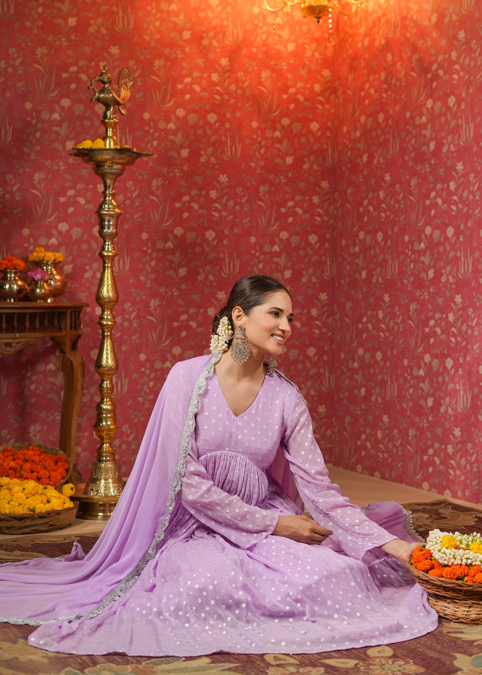 Mahira Lavender Lurex Flared Kurta With Pant & Dupatta