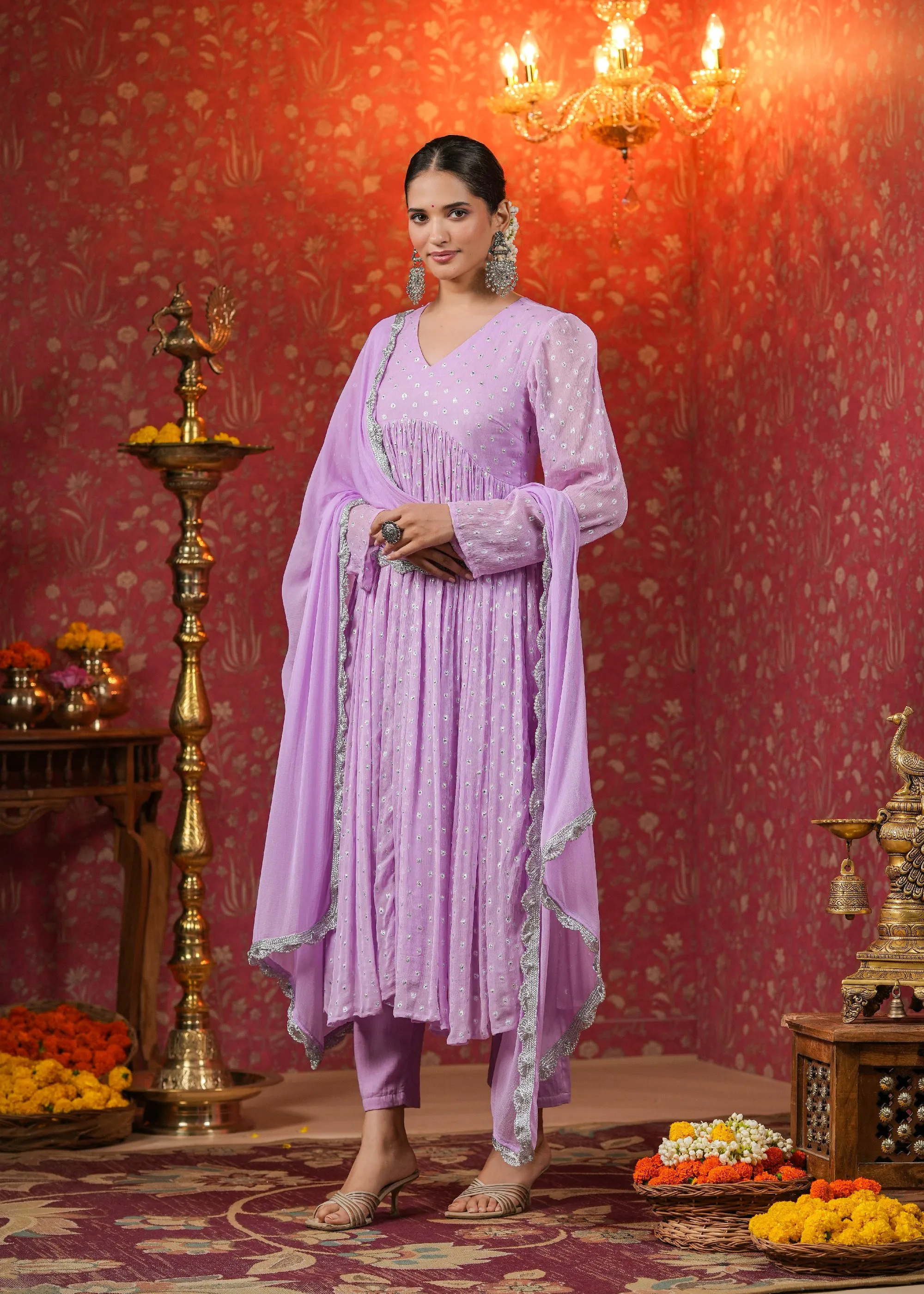 Mahira Lavender Lurex Flared Kurta With Pant & Dupatta