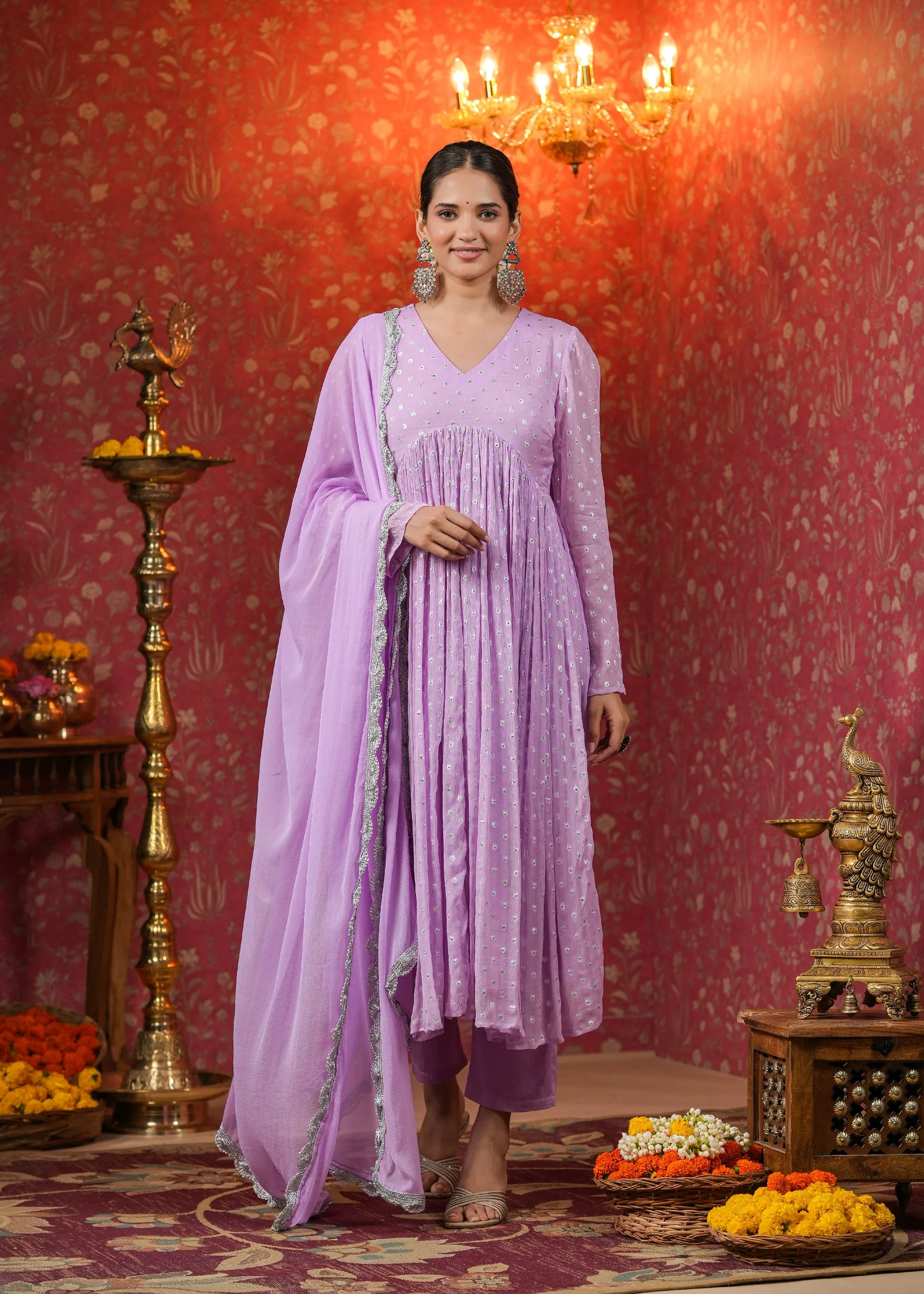 Mahira Lavender Lurex Flared Kurta With Pant & Dupatta