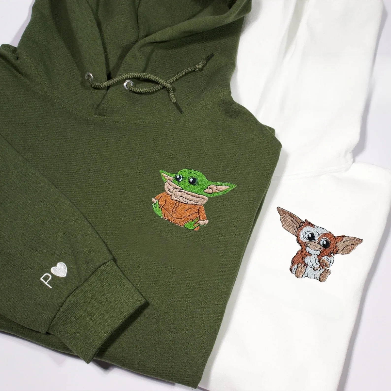 Matching Couple Hoodies - Baby Yoda and Gizmo Custom Embroidered Couples Matching Hoodies