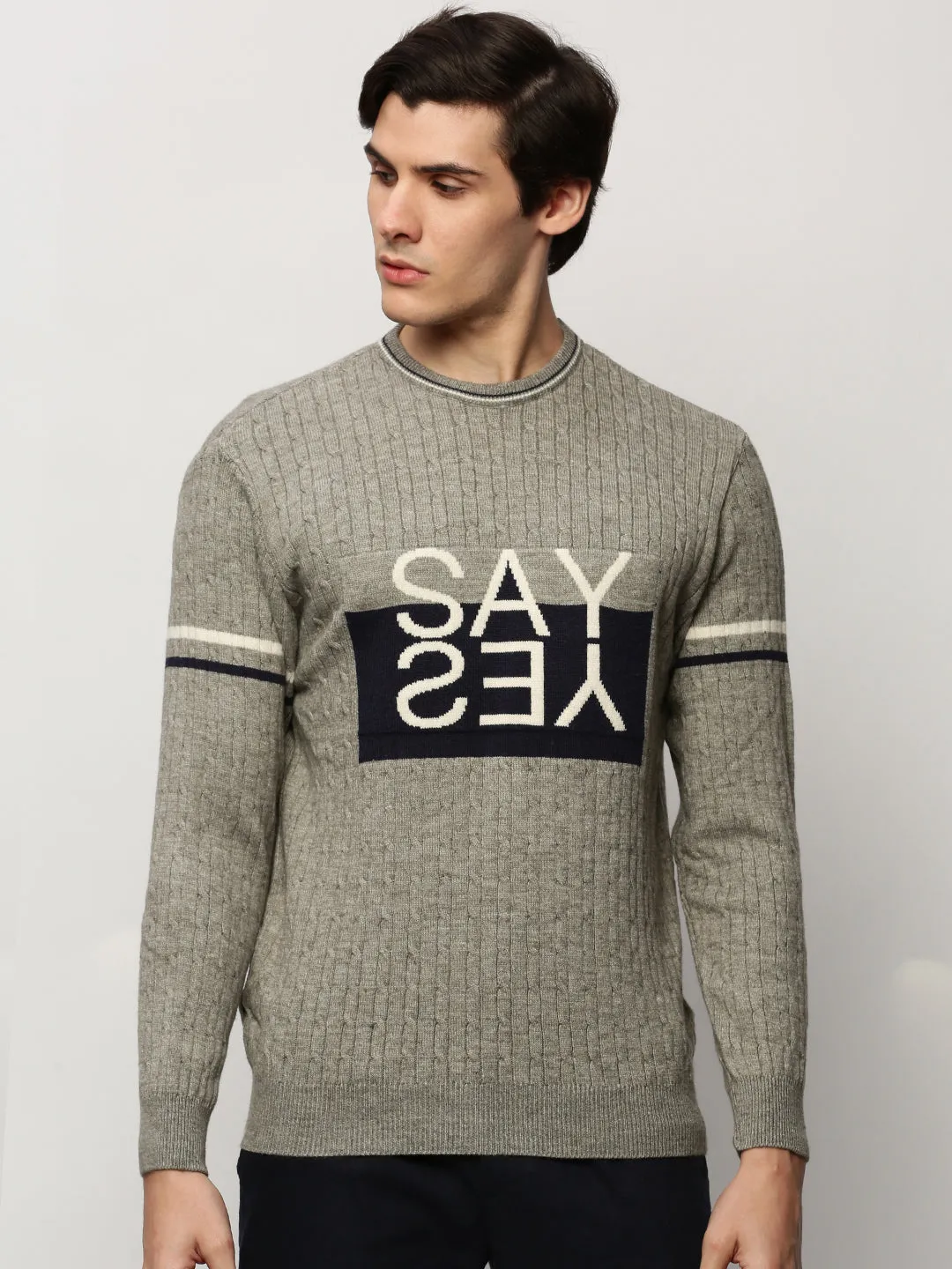 Men Grey Typographic Casual Sweaters