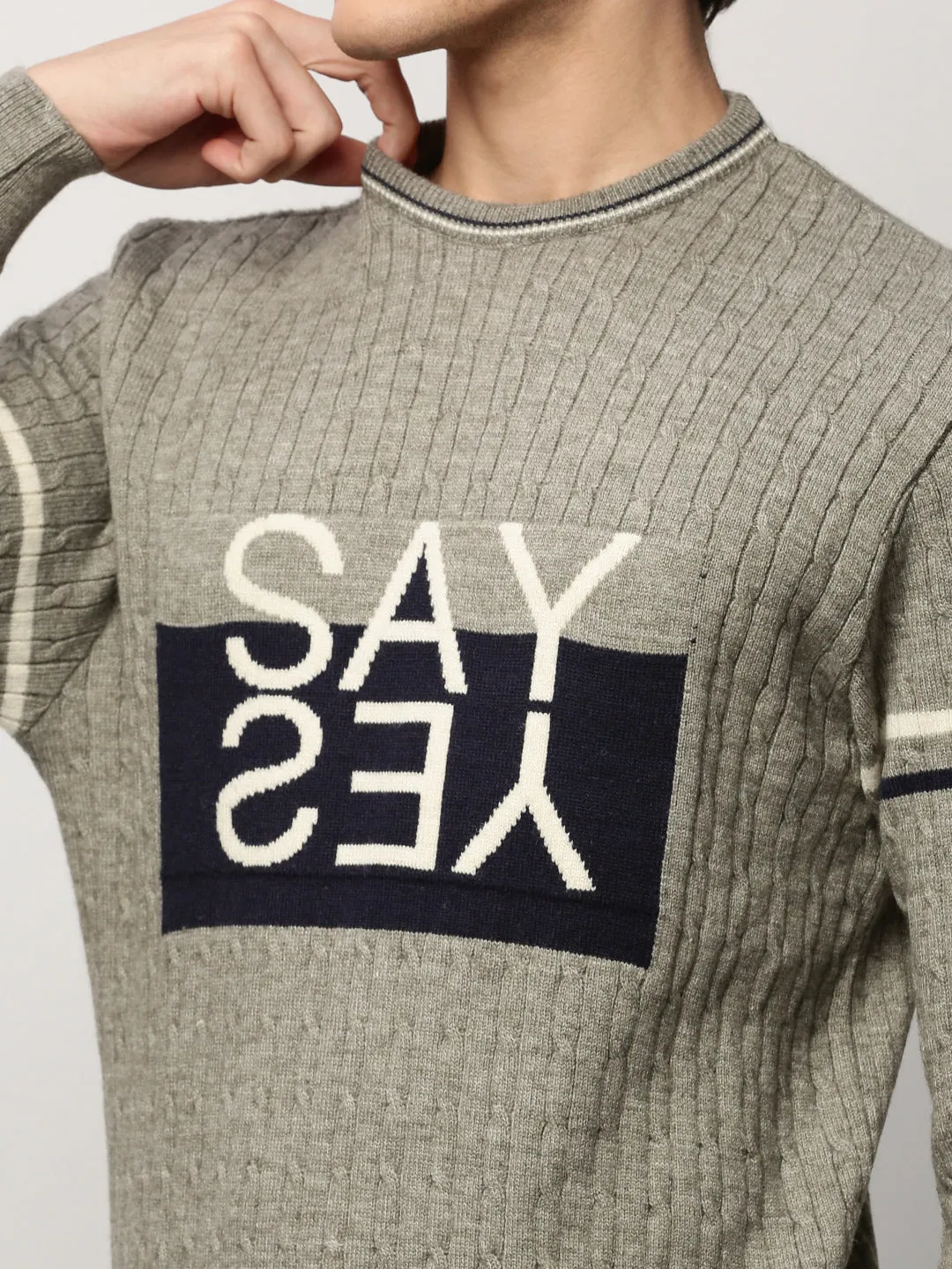 Men Grey Typographic Casual Sweaters