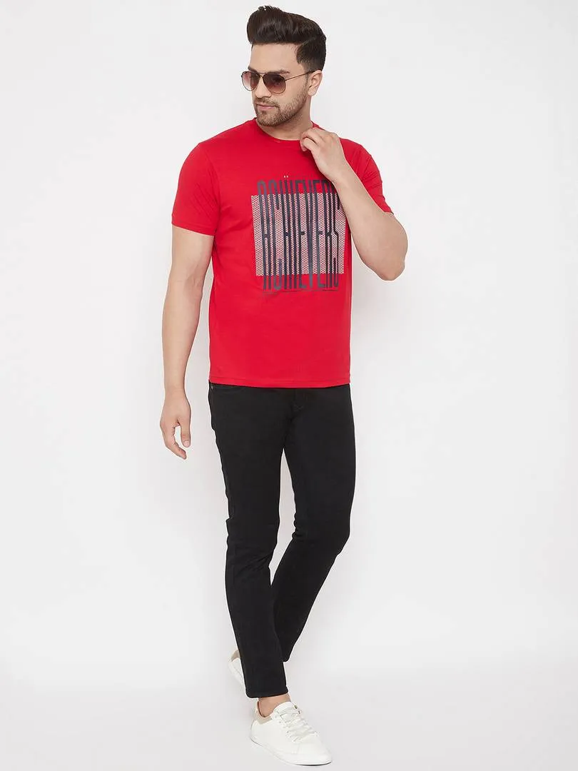 Men's Red Printed Cotton Round Neck Tees