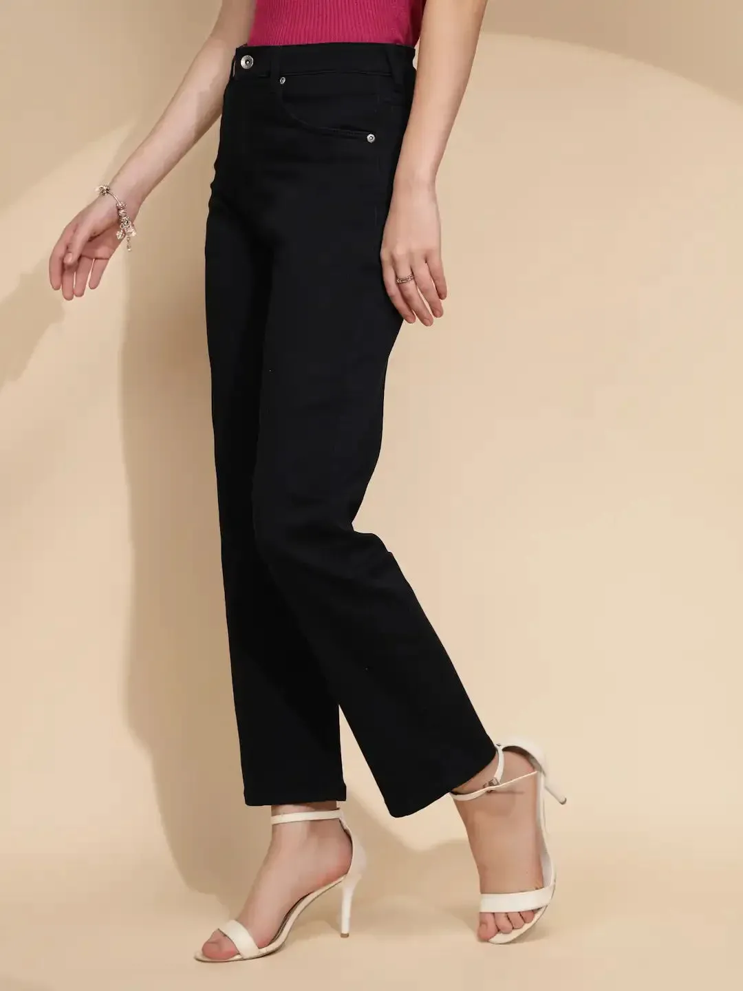 Navy Blue Cotton Blend Straight Fit Trouser For Women