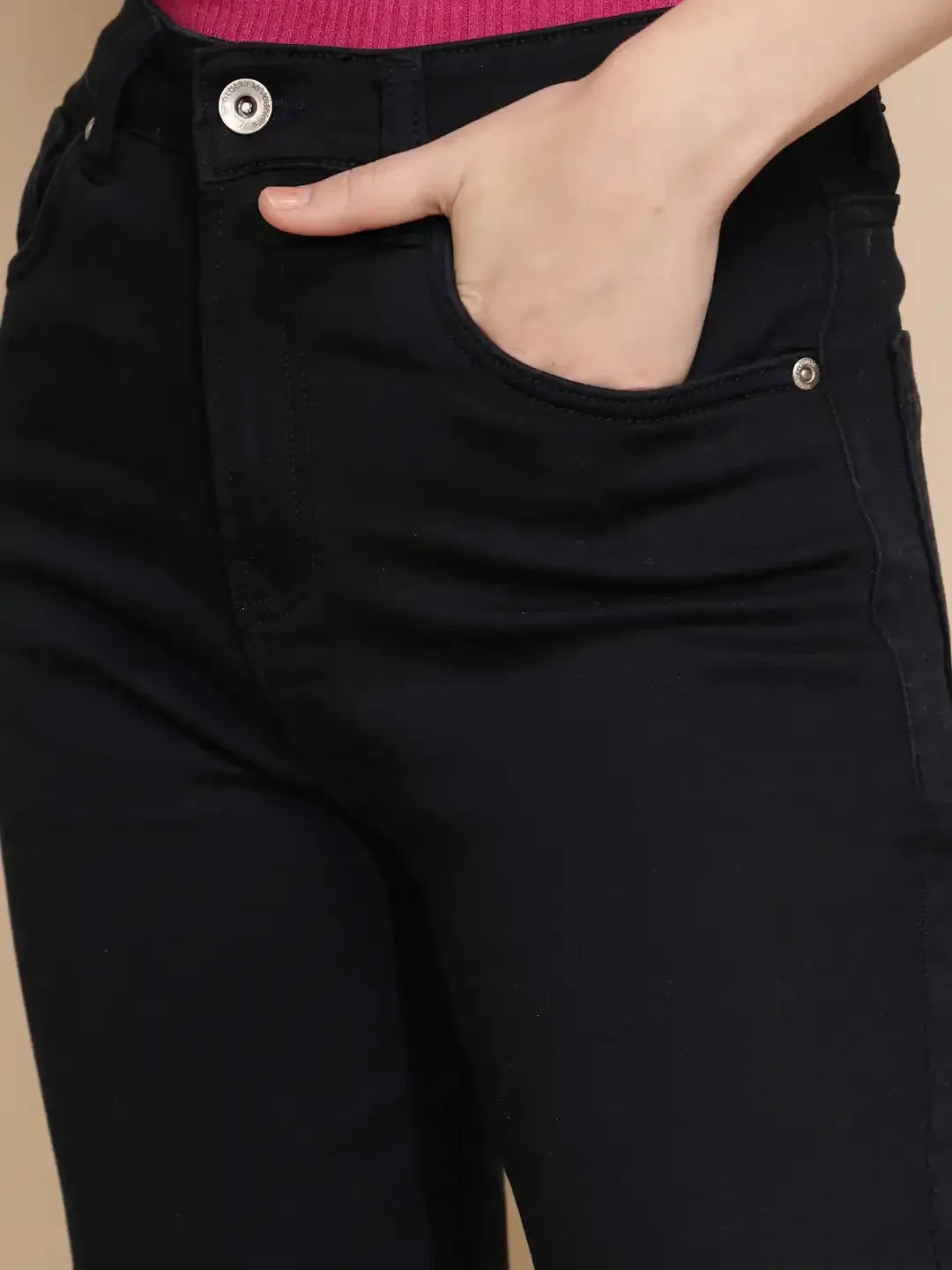 Navy Blue Cotton Blend Straight Fit Trouser For Women