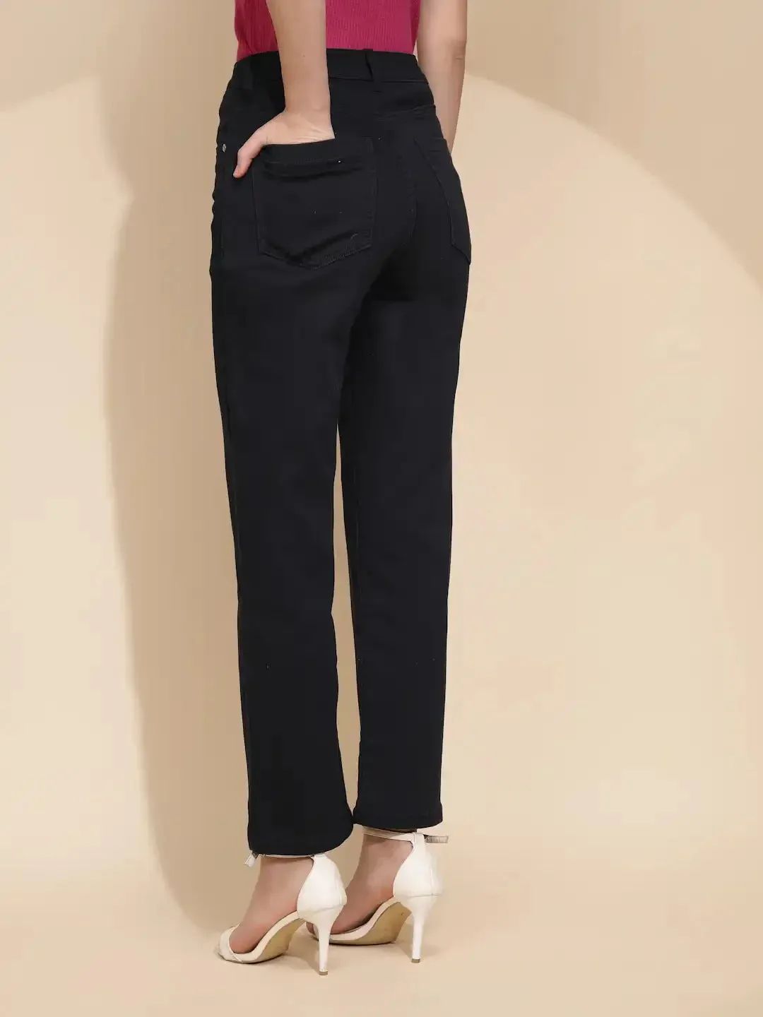 Navy Blue Cotton Blend Straight Fit Trouser For Women