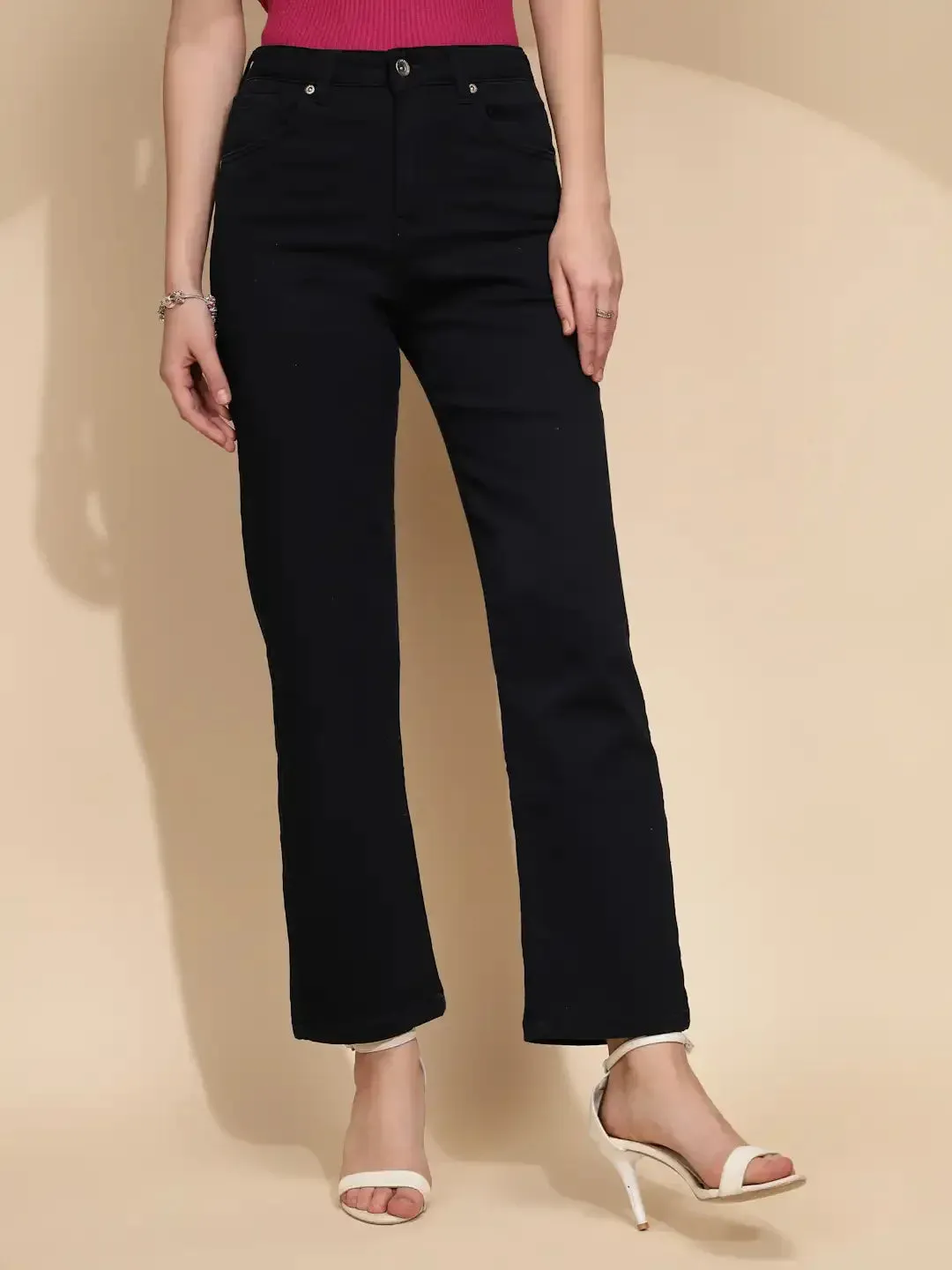 Navy Blue Cotton Blend Straight Fit Trouser For Women