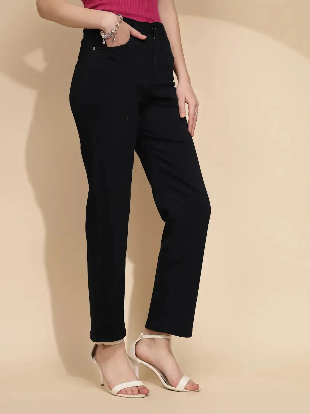 Navy Blue Cotton Blend Straight Fit Trouser For Women