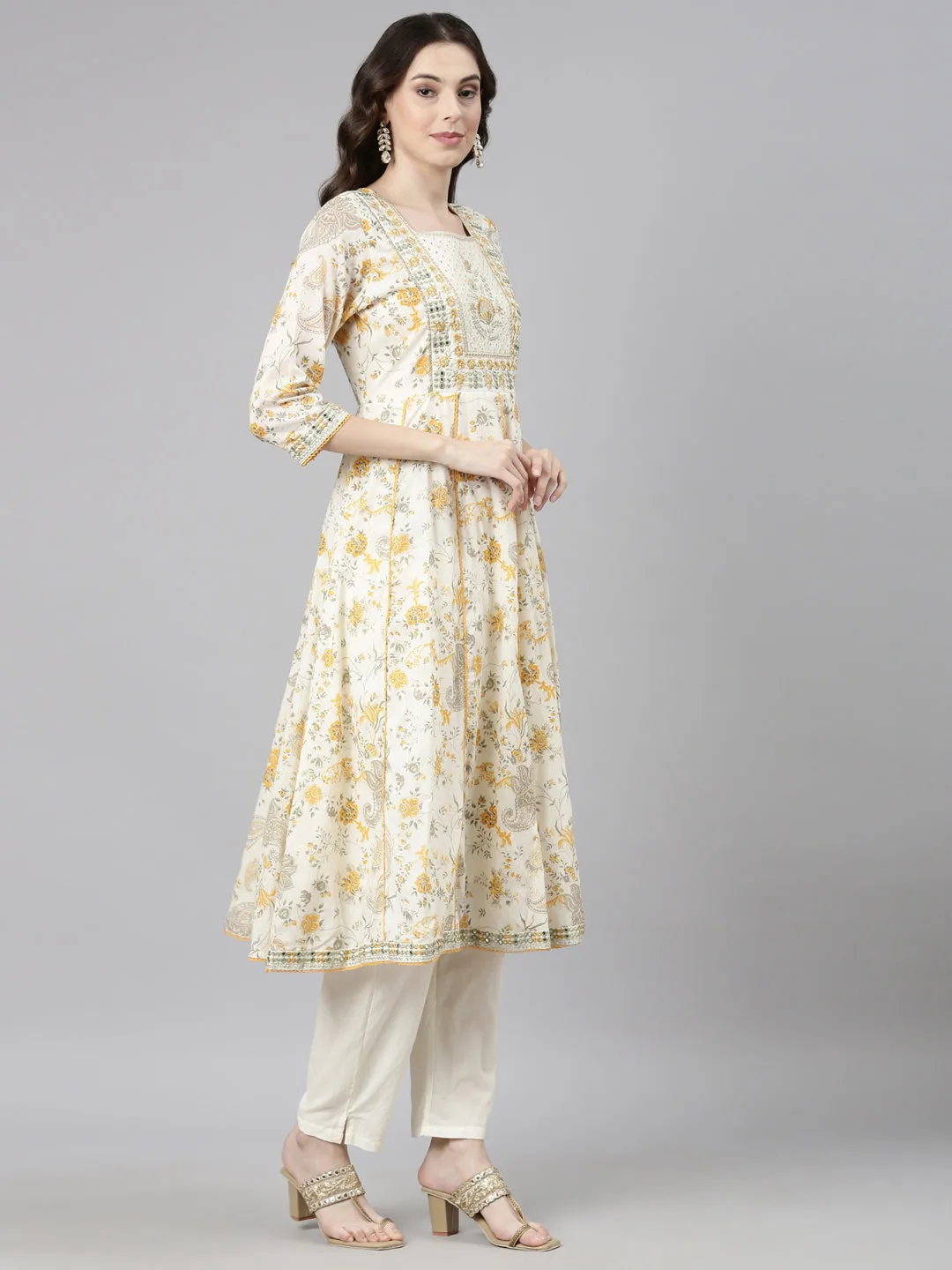 Neerus Cream Casual Floral Anarkali Kurta and Trousers With Dupatta