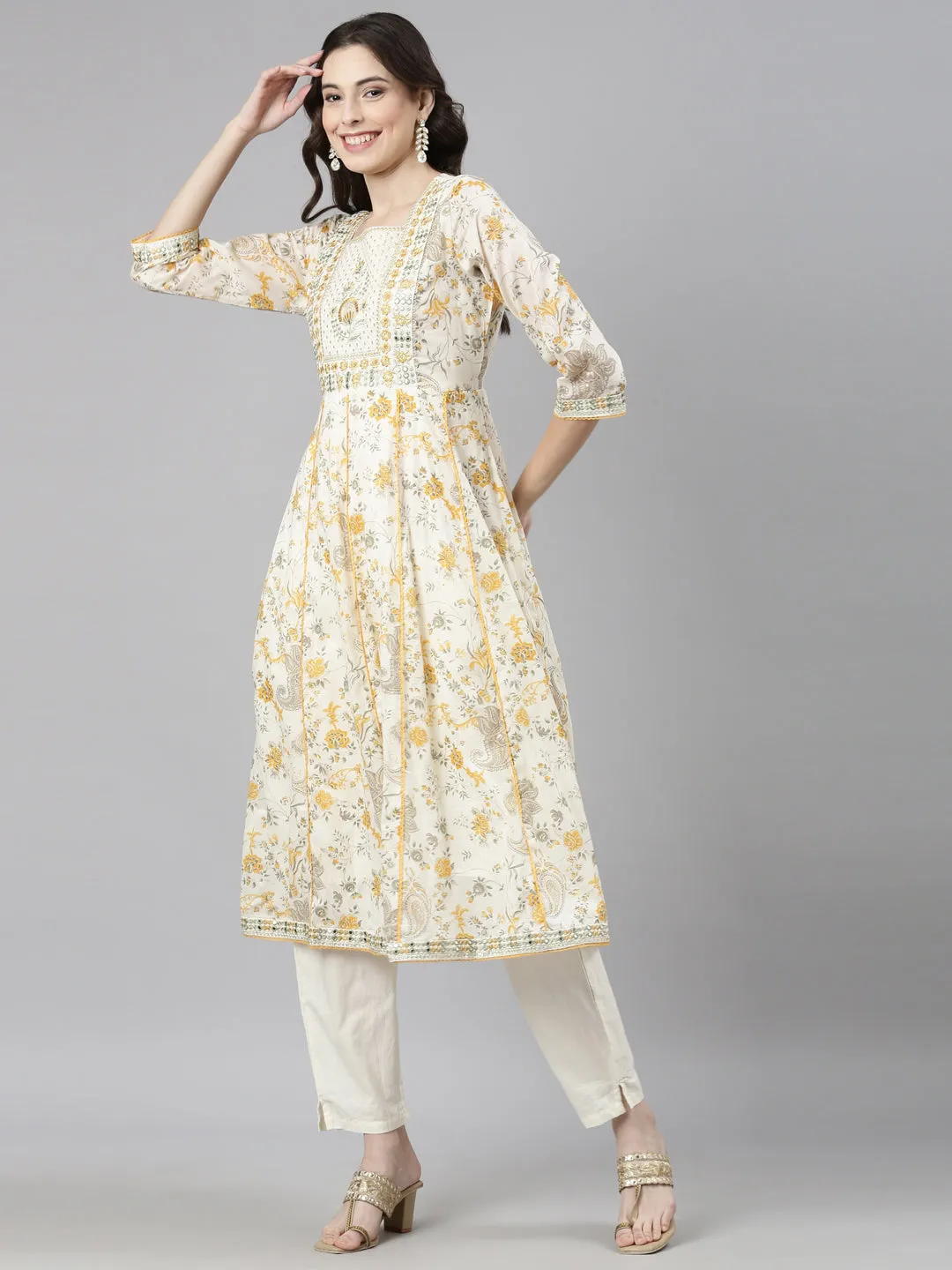 Neerus Cream Casual Floral Anarkali Kurta and Trousers With Dupatta