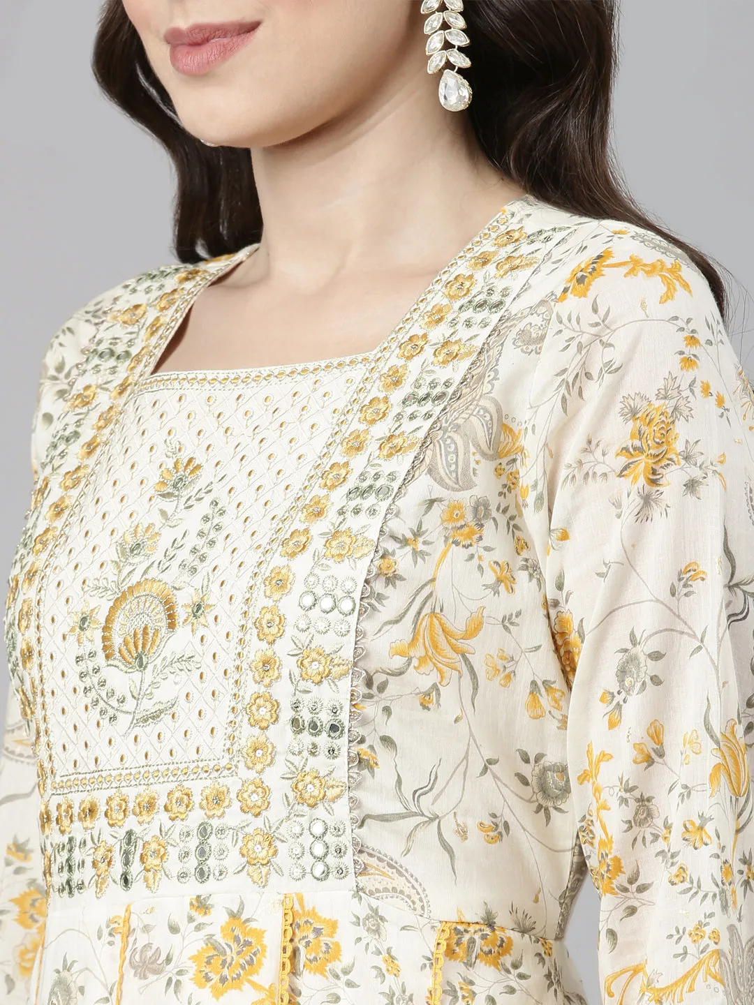 Neerus Cream Casual Floral Anarkali Kurta and Trousers With Dupatta