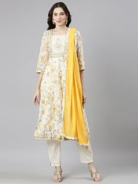 Neerus Cream Casual Floral Anarkali Kurta and Trousers With Dupatta