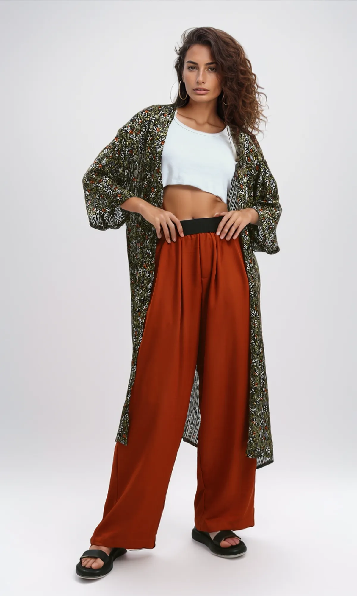 O191920 Havana Casual Wide Leg Pants With Black Elastic Waist