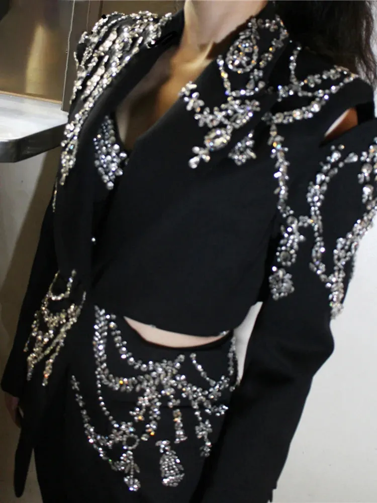 Patchwork Diamonds Blazers Notched Collar Long Sleeve Hollow Out Blazer