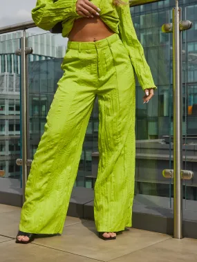 Plisse Wide Leg Trousers With Elastic Trim in Lime