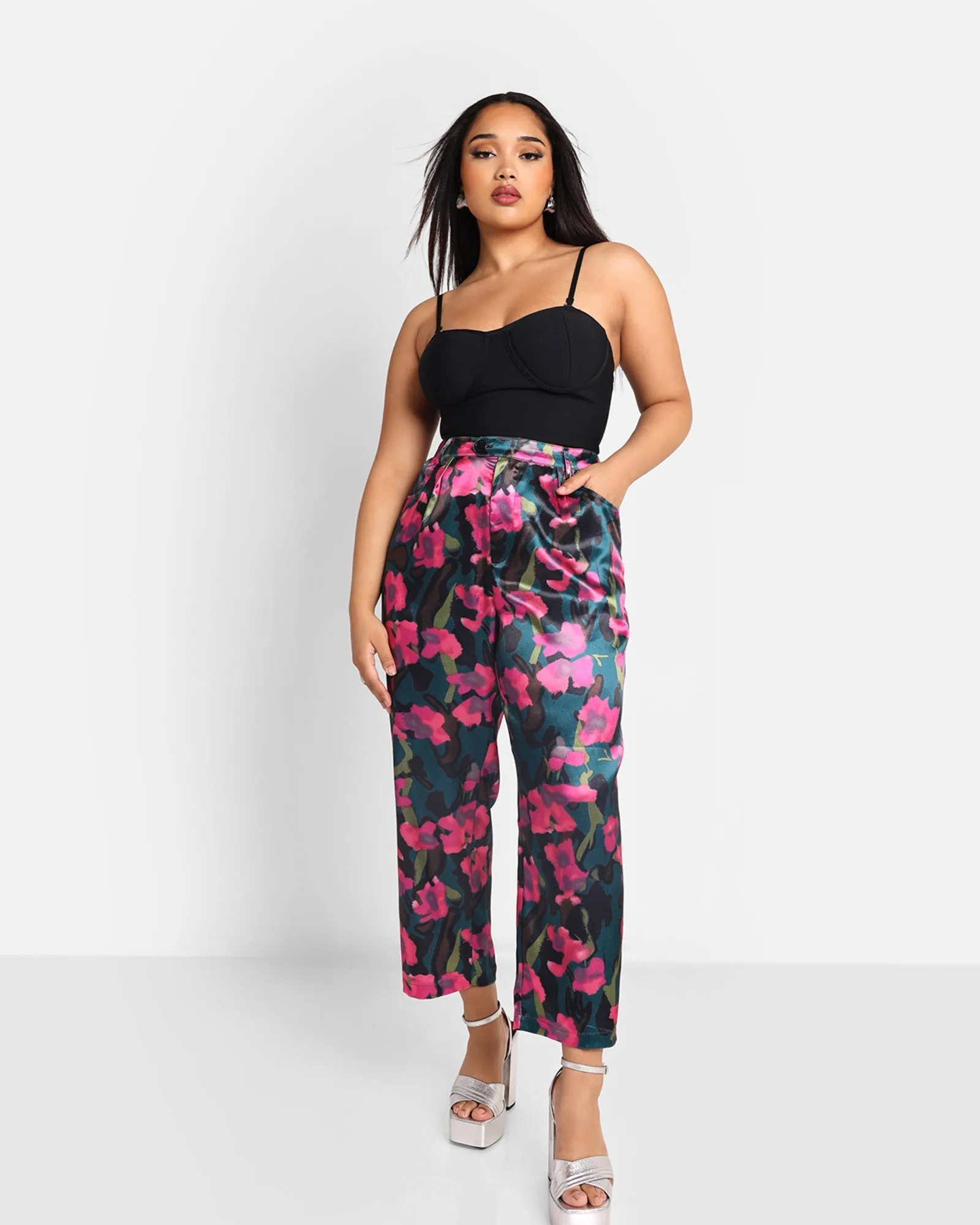 Rebdolls Women's Venus Floral Print Satin Cigarette Pants | Black