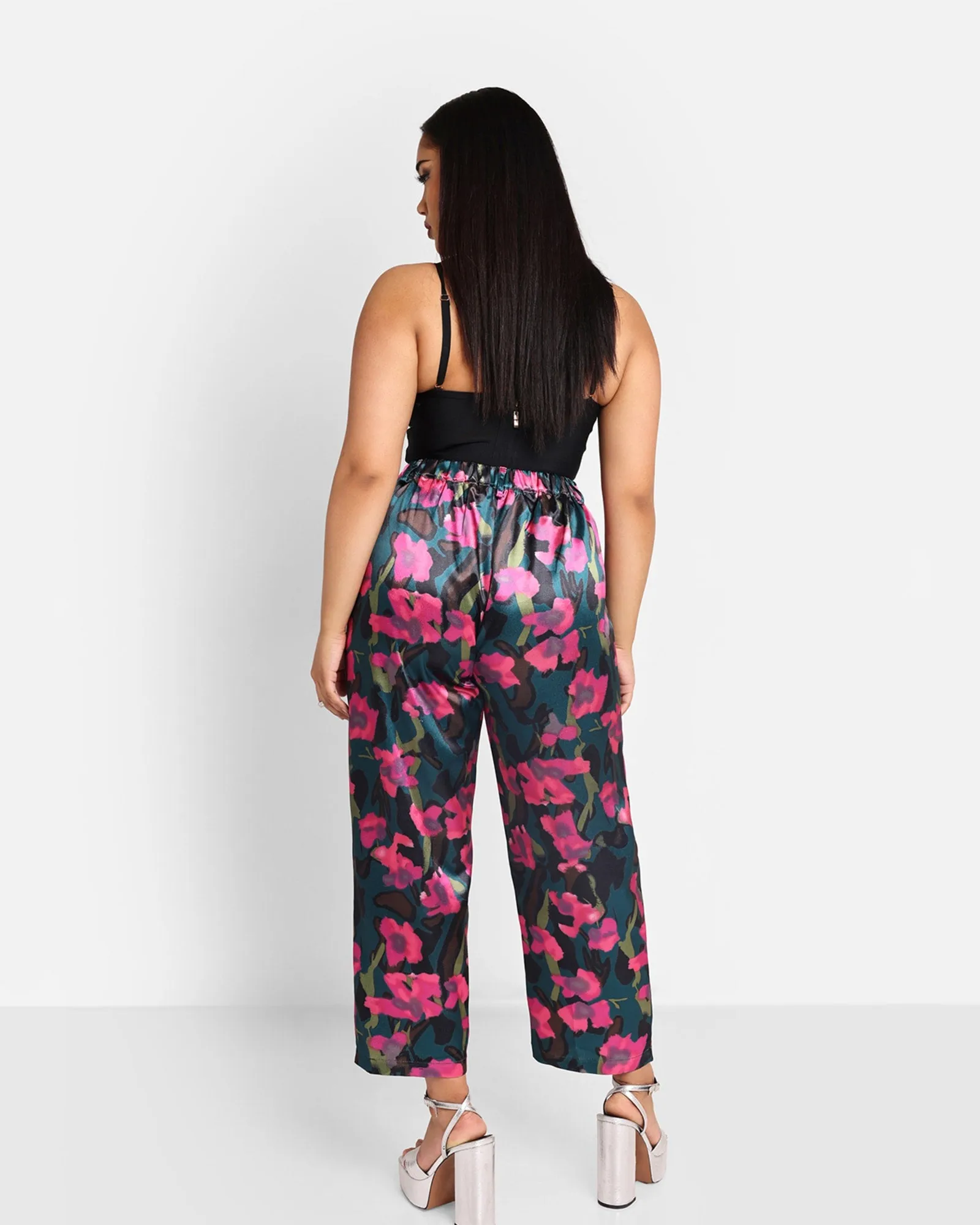 Rebdolls Women's Venus Floral Print Satin Cigarette Pants | Black