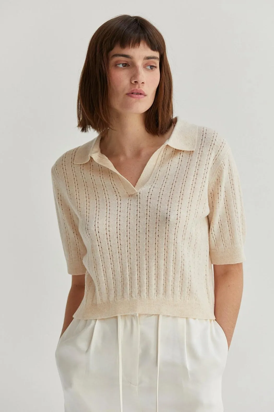 Saman Pointelle Knit Polo Top