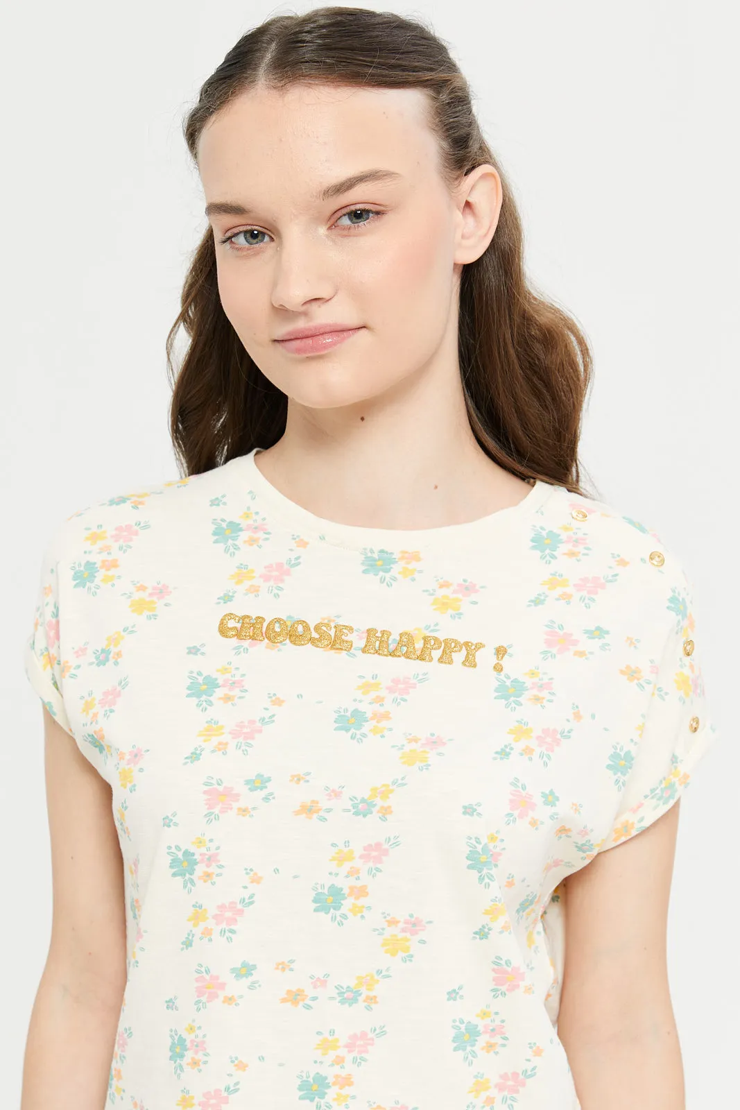 Senior Girls Multicolour Printed Top With Gold Buttons