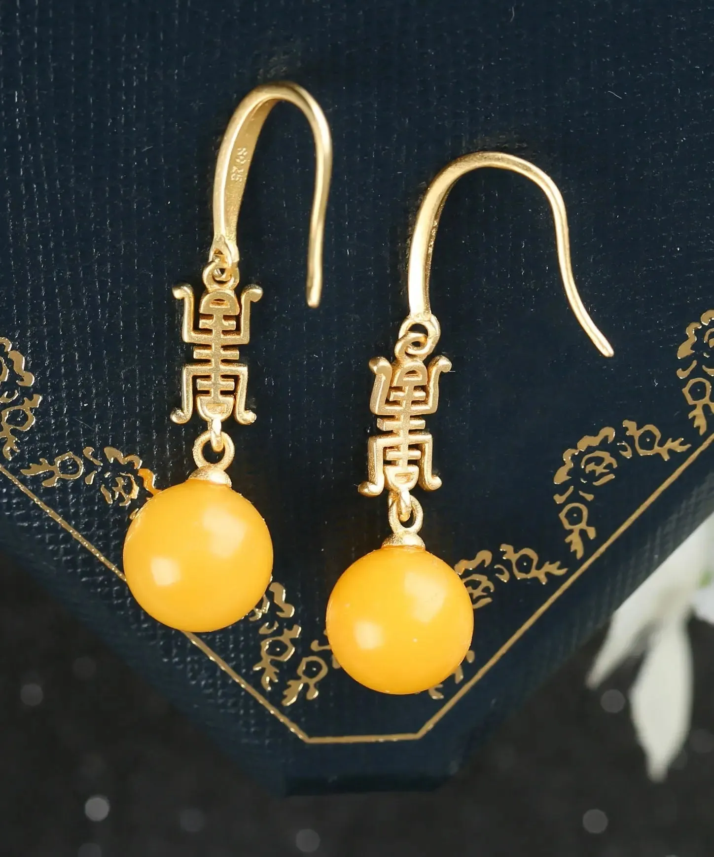 Sterling Silver Overgild Inlaid Spheroidal Beeswax Drop Earrings