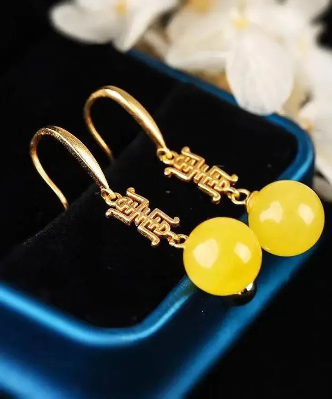 Sterling Silver Overgild Inlaid Spheroidal Beeswax Drop Earrings