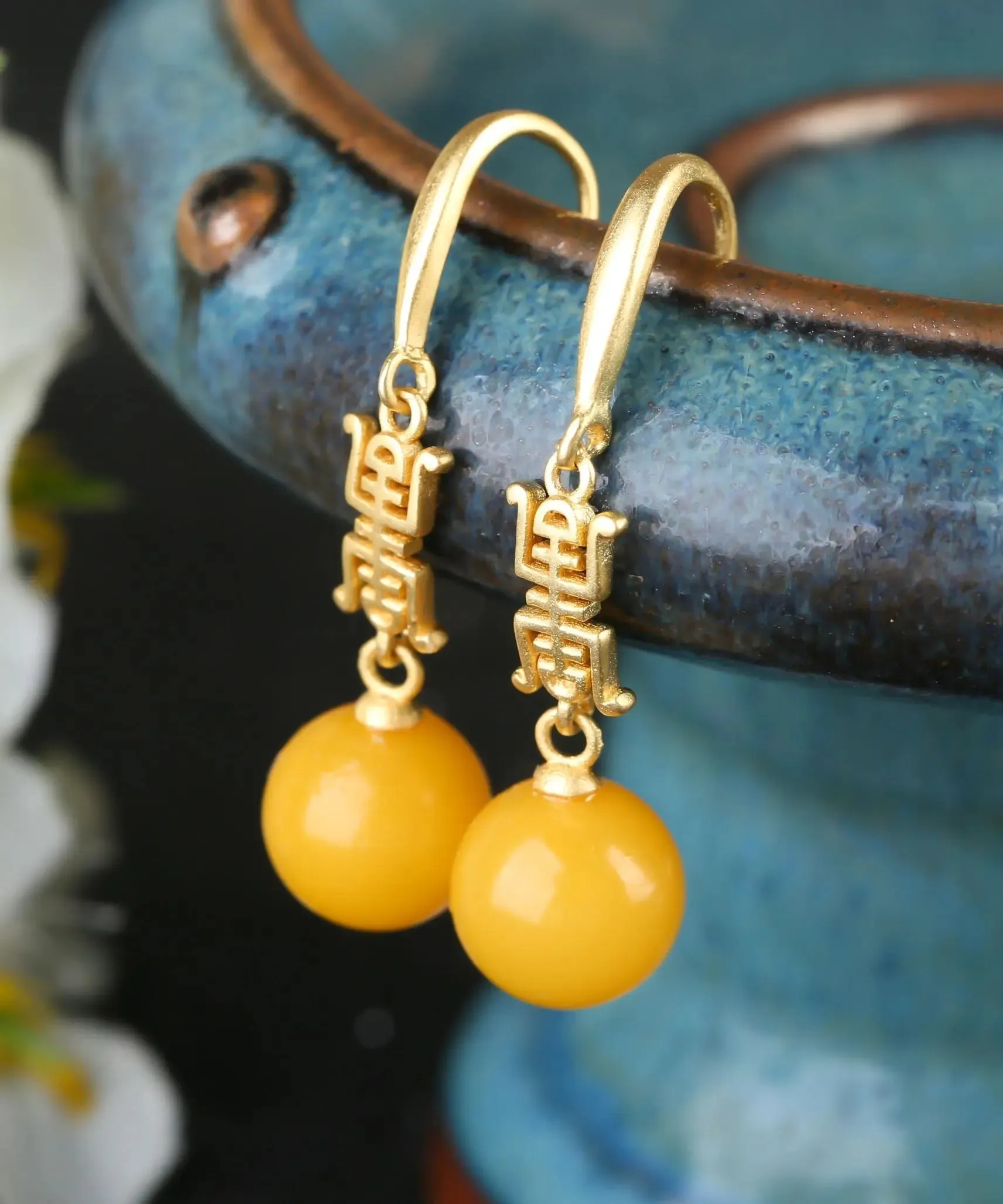 Sterling Silver Overgild Inlaid Spheroidal Beeswax Drop Earrings