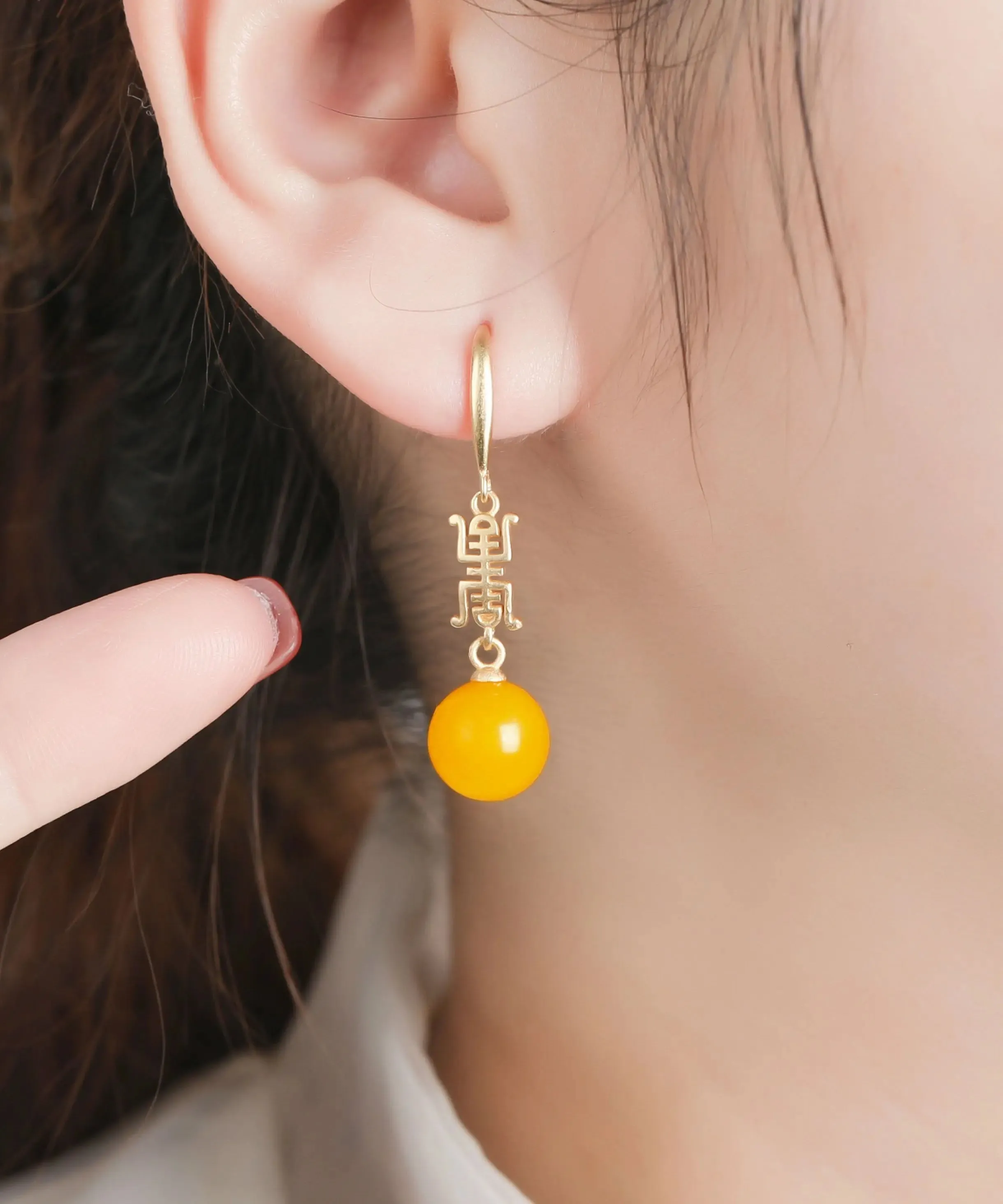 Sterling Silver Overgild Inlaid Spheroidal Beeswax Drop Earrings