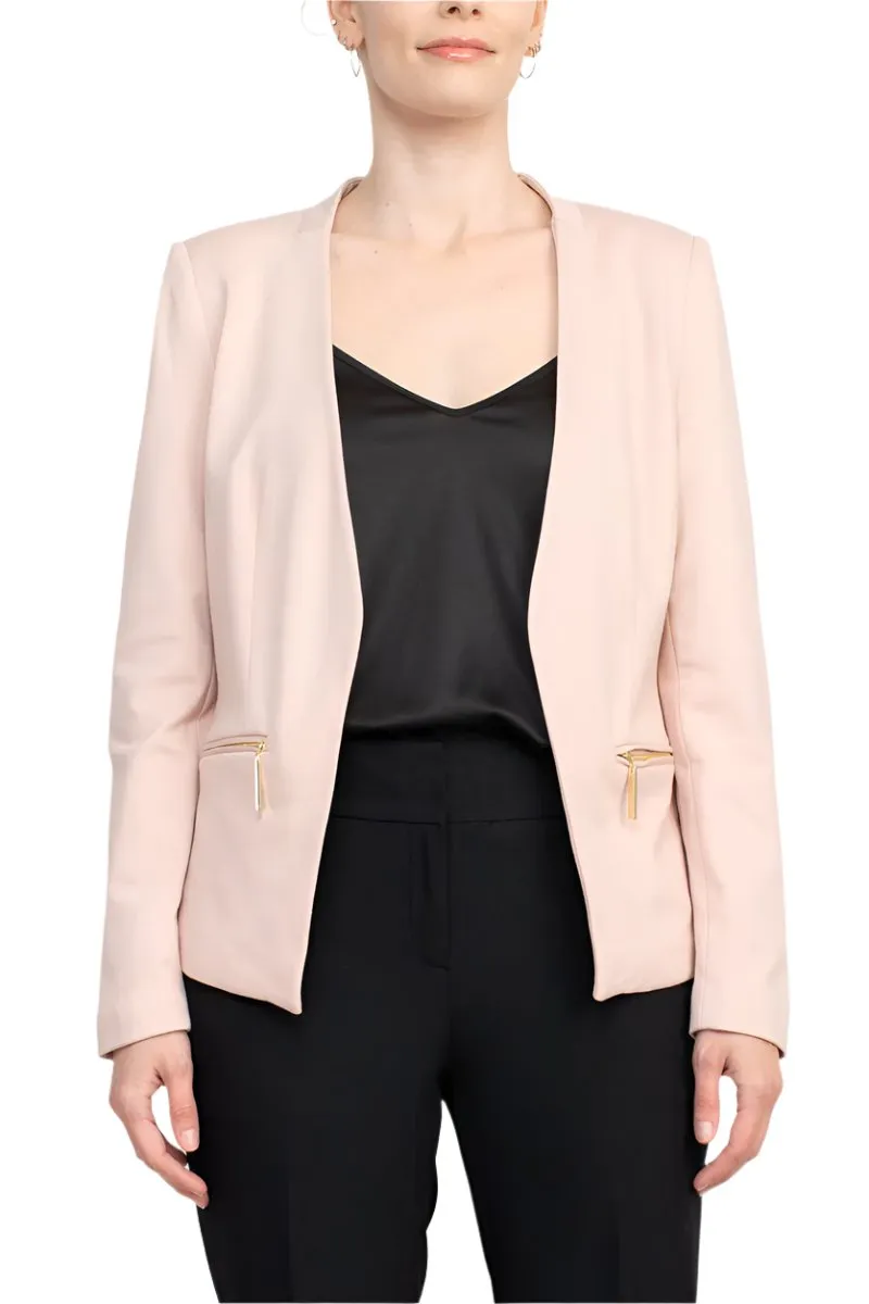 T Tahari Open Front Long Sleeve Zip Pocket Detail Jacket