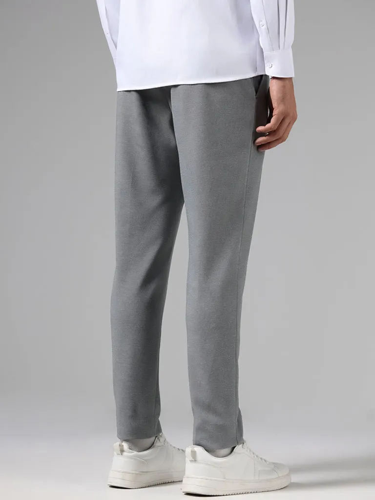 WES Formals Solid Grey Slim-Fit Mid-Rise Trousers