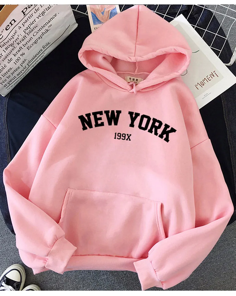 Women Awesome New York Pattern Durable Drawstring Loose Long Sleeve Comfortable Warm Winter Hoodie - NYC084