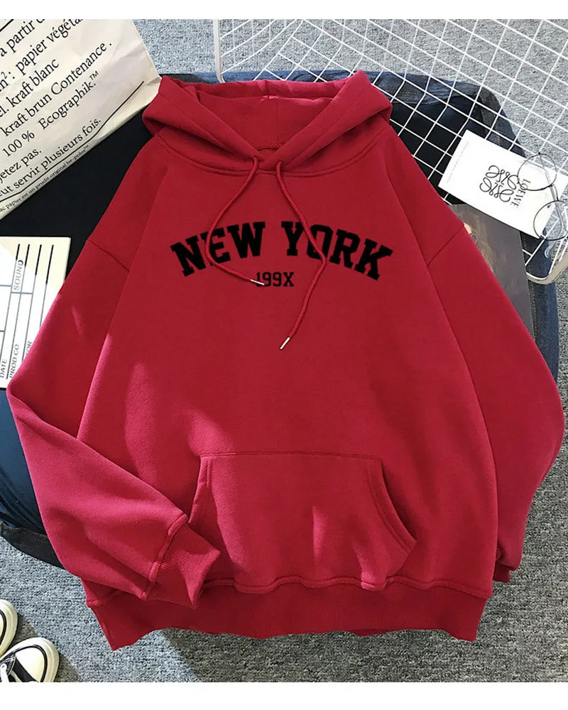 Women Awesome New York Pattern Durable Drawstring Loose Long Sleeve Comfortable Warm Winter Hoodie - NYC084