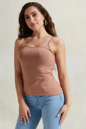 Women Pink Plain Ribbed Vest