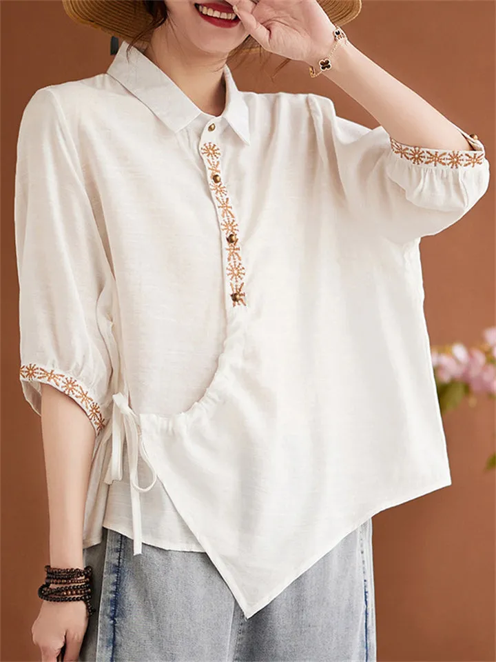 Women's Chic Button Lace-Up Embroidered Lapel Shirts