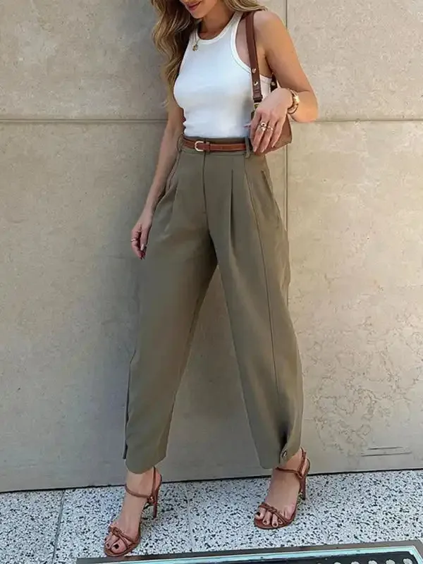 Women’s Fashionable Solid Color Loose High Waist Nine-Point Suit Pants