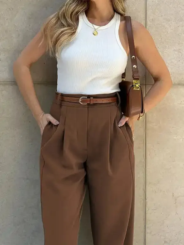 Women’s Fashionable Solid Color Loose High Waist Nine-Point Suit Pants