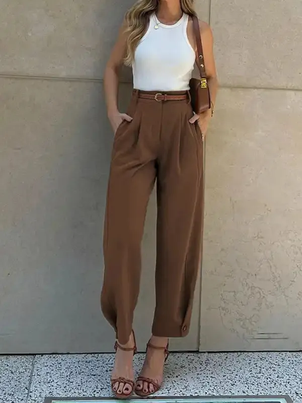 Women’s Fashionable Solid Color Loose High Waist Nine-Point Suit Pants