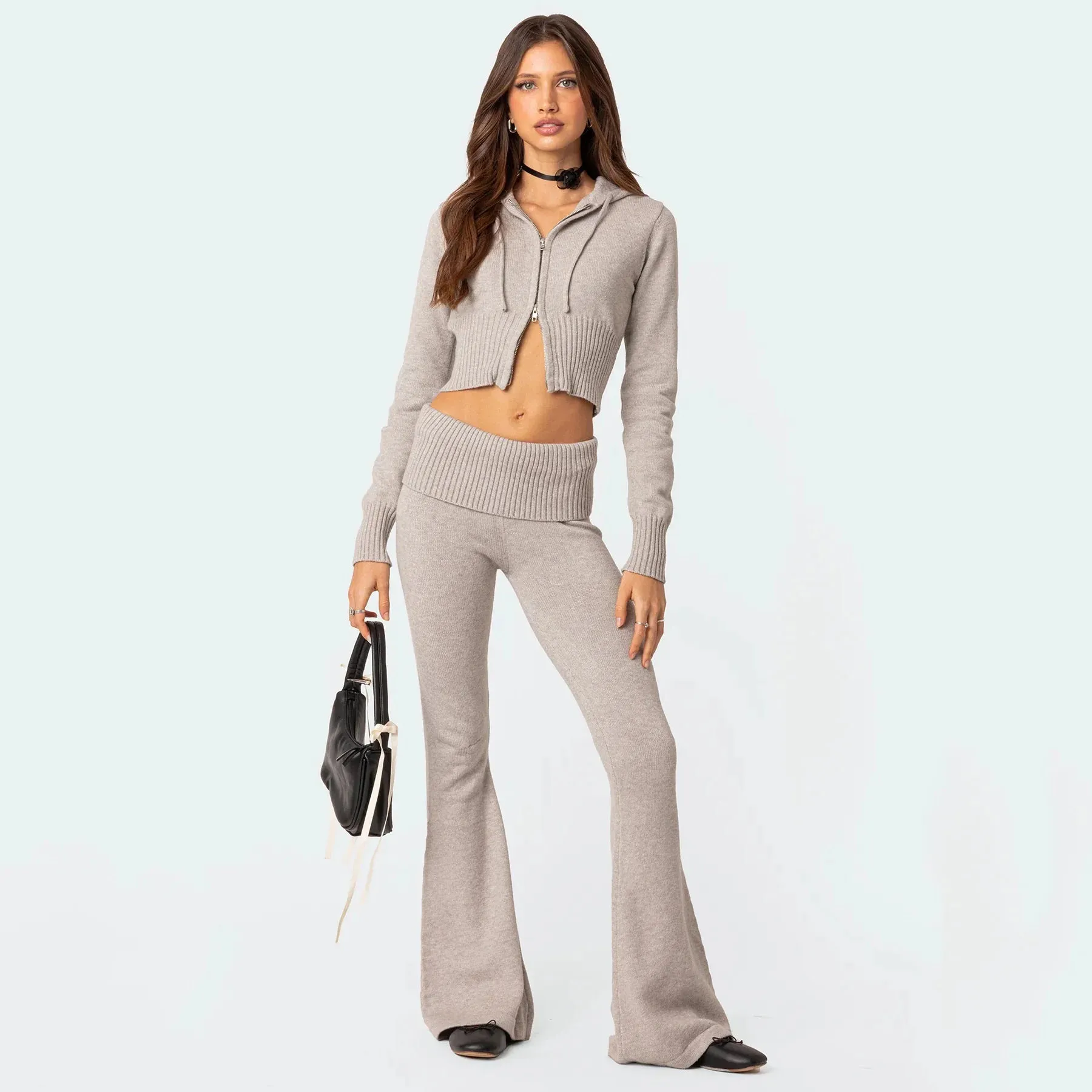 Women's High-Waist Knit Hooded Fashionable Long-Sleeve Top & Trousers